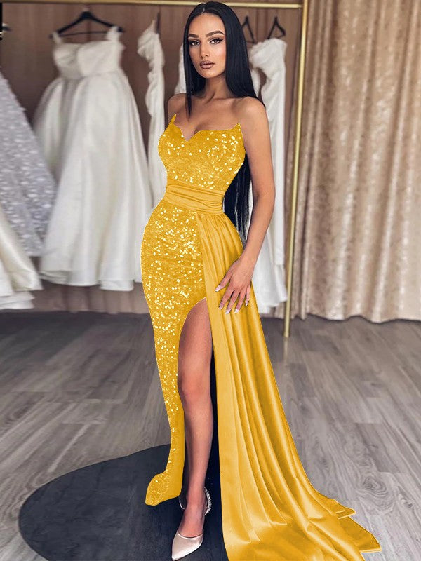 Sheath/Column Velvet Sequins Ruched Sweetheart Sleeveless Sweep/Brush Train Prom Dress