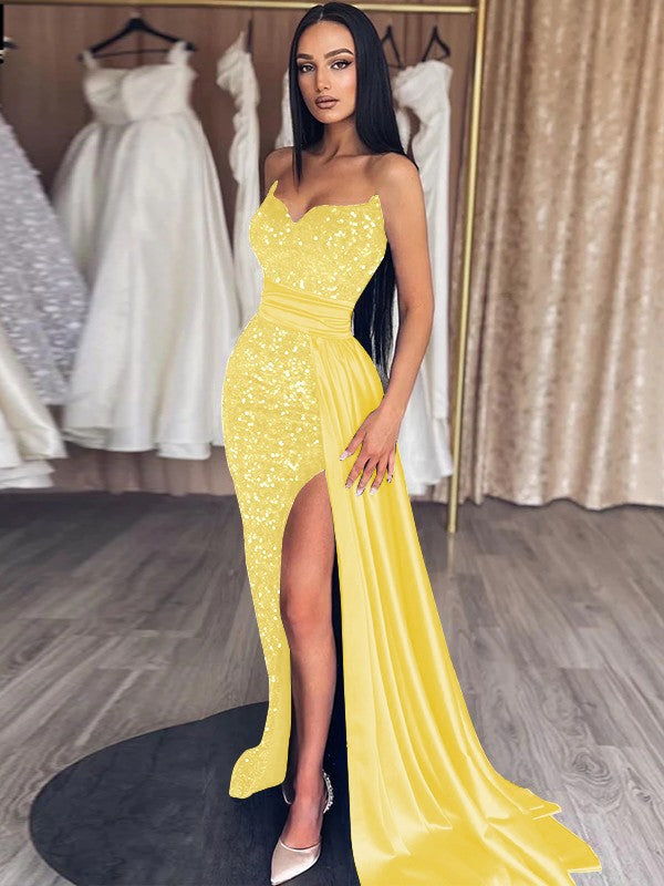 Sheath/Column Velvet Sequins Ruched Sweetheart Sleeveless Sweep/Brush Train Prom Dress