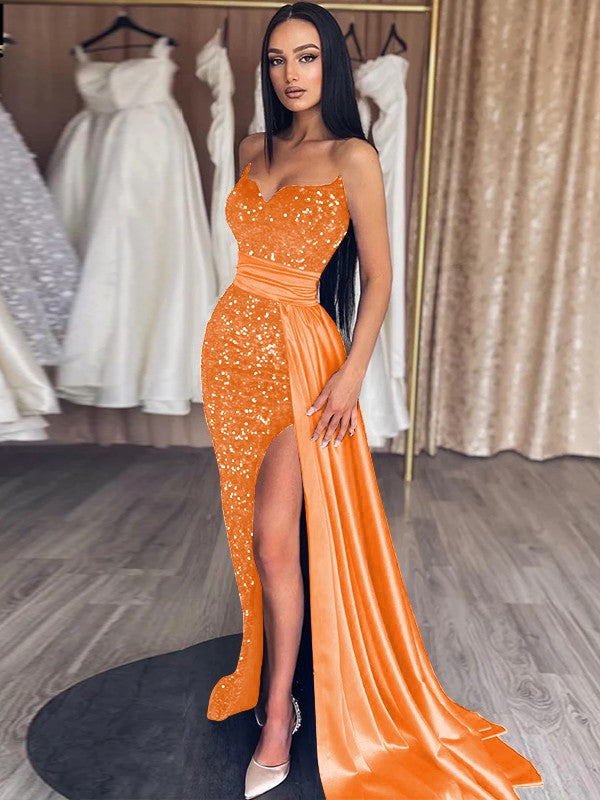 Sheath/Column Velvet Sequins Ruched Sweetheart Sleeveless Sweep/Brush Train Prom Dress