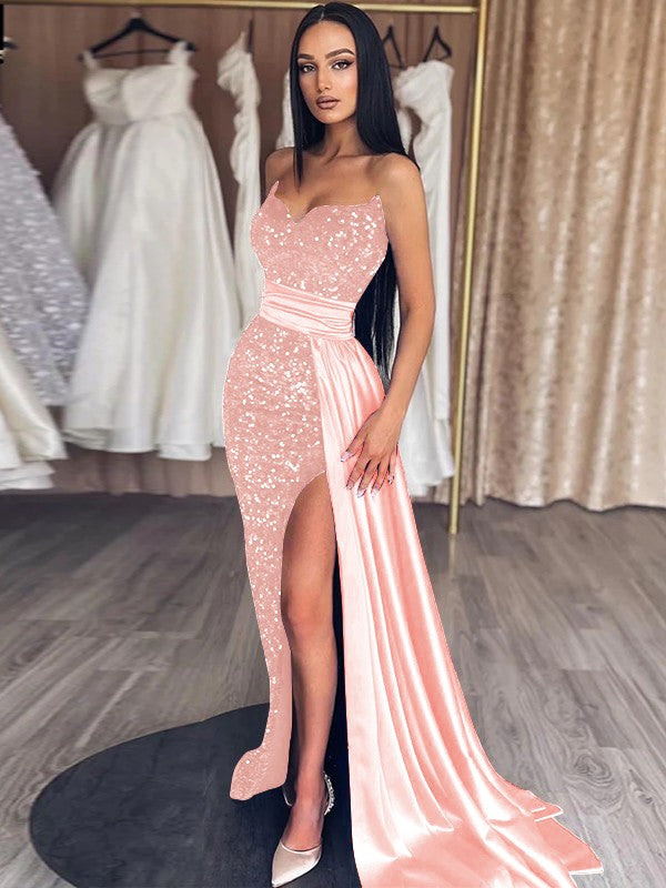 Sheath/Column Velvet Sequins Ruched Sweetheart Sleeveless Sweep/Brush Train Prom Dress