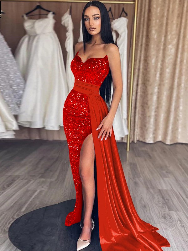 Sheath/Column Velvet Sequins Ruched Sweetheart Sleeveless Sweep/Brush Train Prom Dress