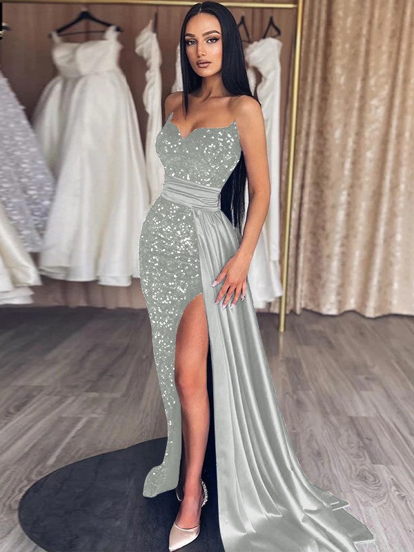 Sheath/Column Velvet Sequins Ruched Sweetheart Sleeveless Sweep/Brush Train Prom Dress