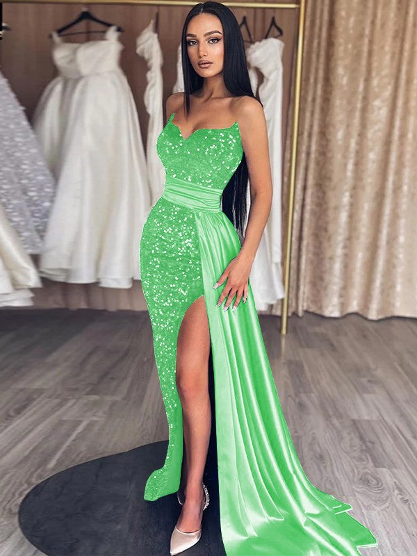 Sheath/Column Velvet Sequins Ruched Sweetheart Sleeveless Sweep/Brush Train Prom Dress