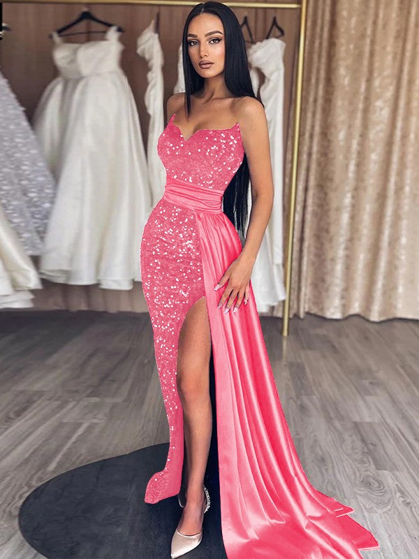 Sheath/Column Velvet Sequins Ruched Sweetheart Sleeveless Sweep/Brush Train Prom Dress