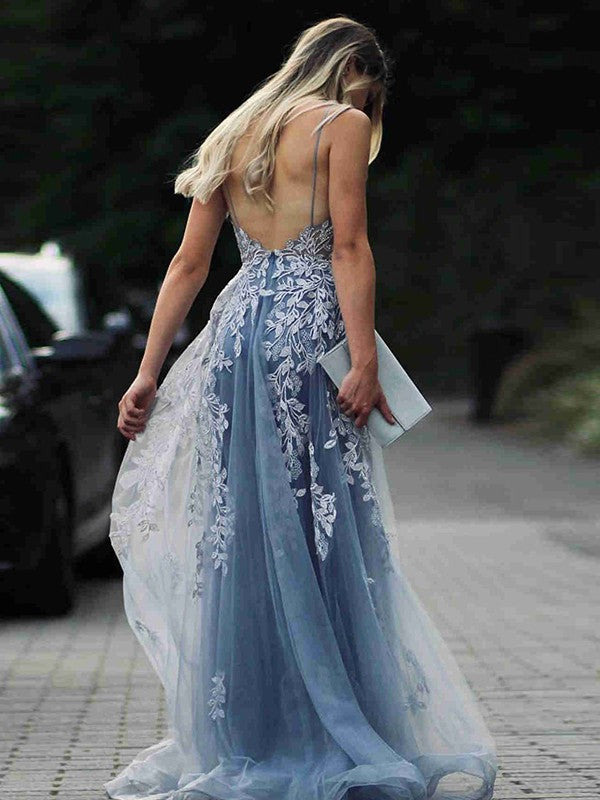 Sheath/Column Tulle Applique V-neck Sleeveless Sweep/Brush Train Prom Dress