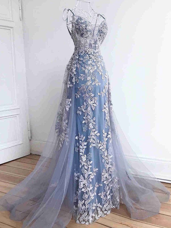 Sheath/Column Tulle Applique V-neck Sleeveless Sweep/Brush Train Prom Dress