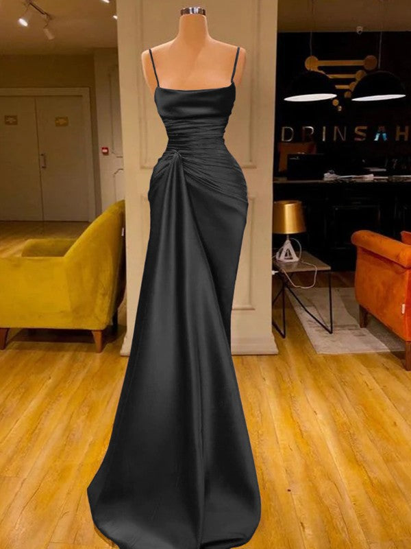 Sheath/Column Elastic Woven Satin Ruched Spaghetti Straps Sleeveless Floor-Length Prom Dress