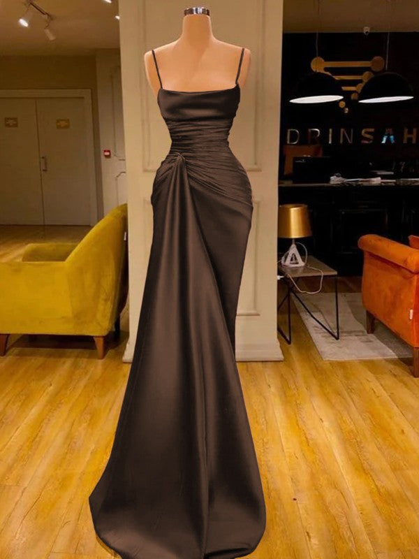Sheath/Column Elastic Woven Satin Ruched Spaghetti Straps Sleeveless Floor-Length Prom Dress