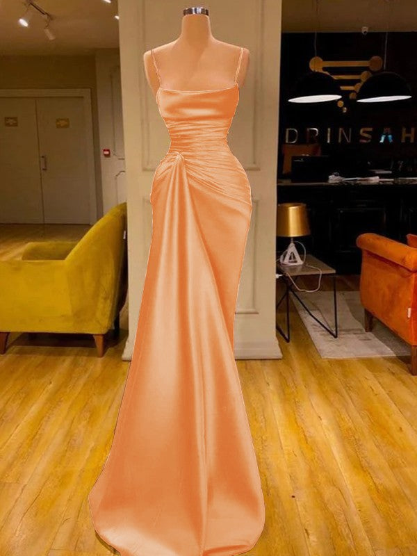 Sheath/Column Elastic Woven Satin Ruched Spaghetti Straps Sleeveless Floor-Length Prom Dress