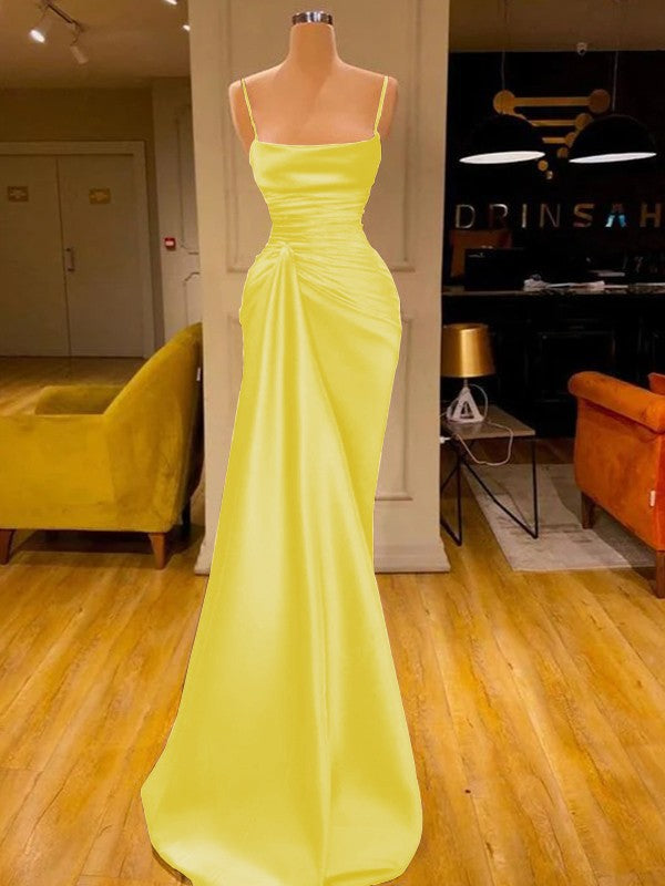 Sheath/Column Elastic Woven Satin Ruched Spaghetti Straps Sleeveless Floor-Length Prom Dress