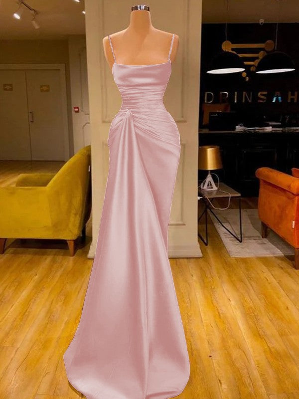 Sheath/Column Elastic Woven Satin Ruched Spaghetti Straps Sleeveless Floor-Length Prom Dress