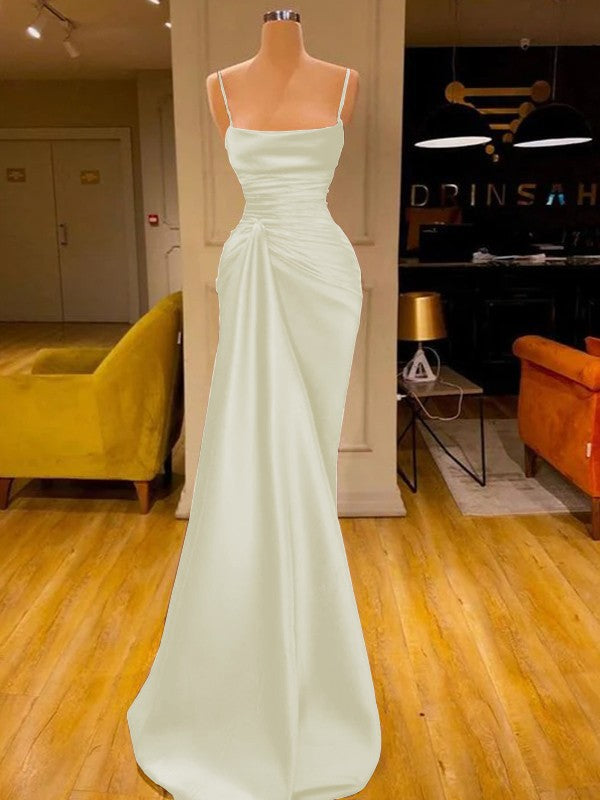 Sheath/Column Elastic Woven Satin Ruched Spaghetti Straps Sleeveless Floor-Length Prom Dress