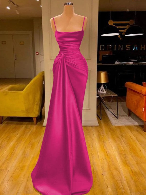 Sheath/Column Elastic Woven Satin Ruched Spaghetti Straps Sleeveless Floor-Length Prom Dress
