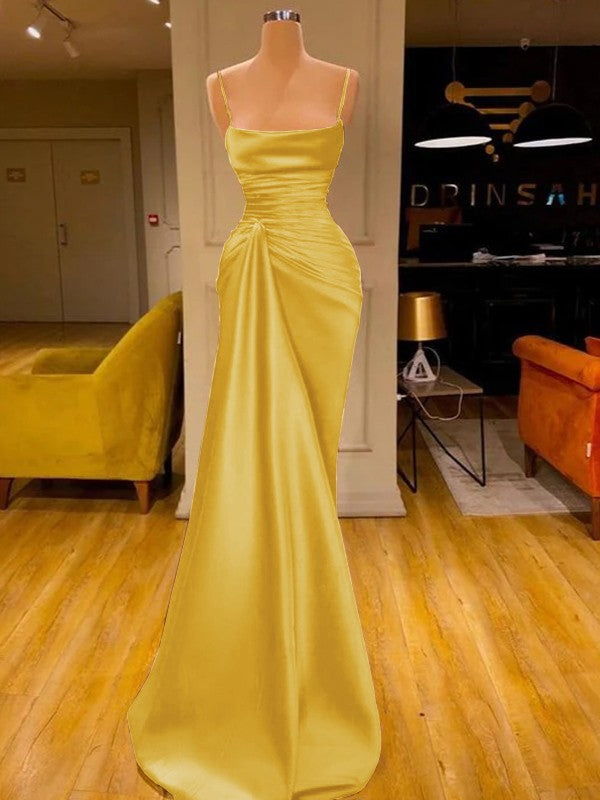 Sheath/Column Elastic Woven Satin Ruched Spaghetti Straps Sleeveless Floor-Length Prom Dress
