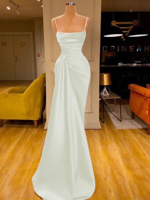 Sheath/Column Elastic Woven Satin Ruched Spaghetti Straps Sleeveless Floor-Length Prom Dress