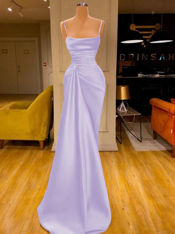Sheath/Column Elastic Woven Satin Ruched Spaghetti Straps Sleeveless Floor-Length Prom Dress