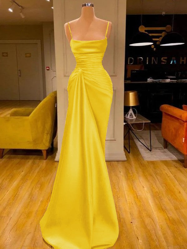 Sheath/Column Elastic Woven Satin Ruched Spaghetti Straps Sleeveless Floor-Length Prom Dress