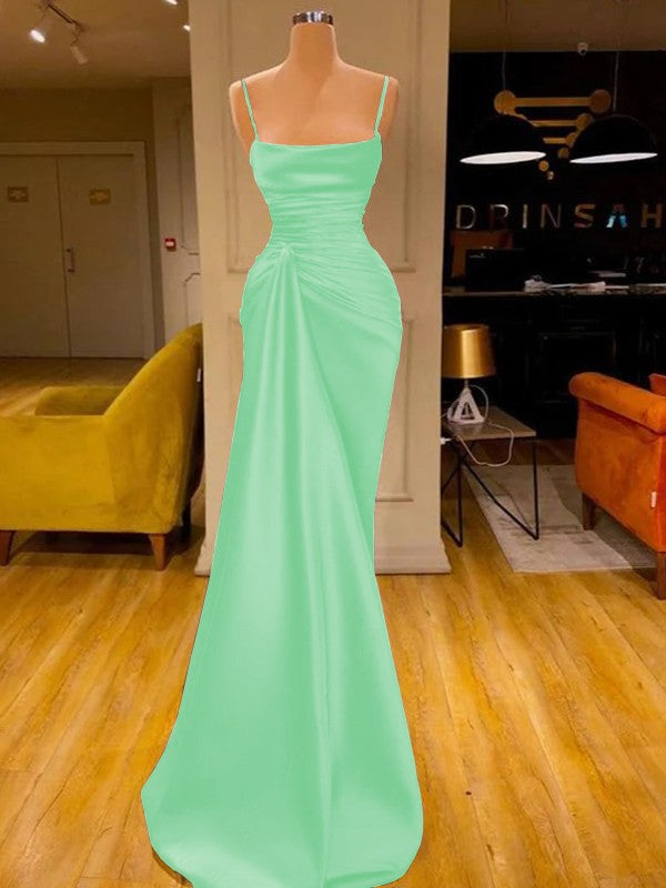 Sheath/Column Elastic Woven Satin Ruched Spaghetti Straps Sleeveless Floor-Length Prom Dress