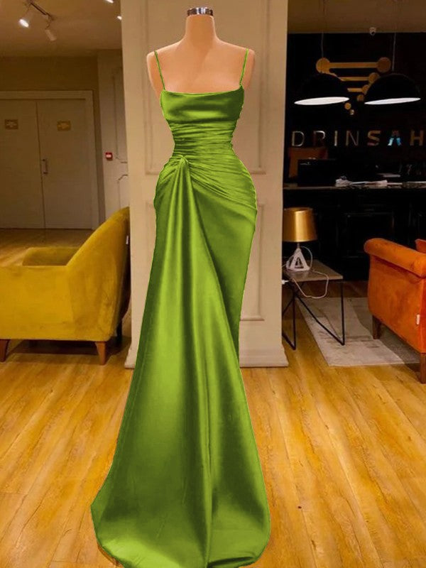 Sheath/Column Elastic Woven Satin Ruched Spaghetti Straps Sleeveless Floor-Length Prom Dress