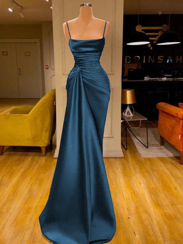 Sheath/Column Elastic Woven Satin Ruched Spaghetti Straps Sleeveless Floor-Length Prom Dress