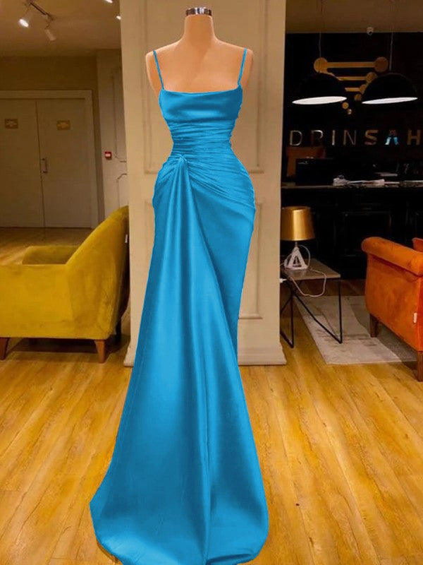 Sheath/Column Elastic Woven Satin Ruched Spaghetti Straps Sleeveless Floor-Length Prom Dress