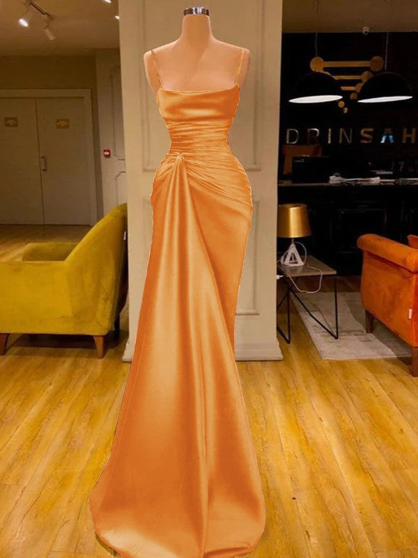 Sheath/Column Elastic Woven Satin Ruched Spaghetti Straps Sleeveless Floor-Length Prom Dress