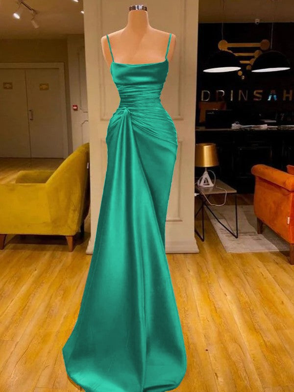 Sheath/Column Elastic Woven Satin Ruched Spaghetti Straps Sleeveless Floor-Length Prom Dress