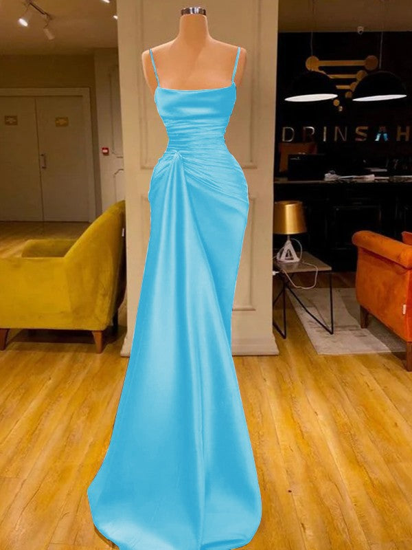 Sheath/Column Elastic Woven Satin Ruched Spaghetti Straps Sleeveless Floor-Length Prom Dress