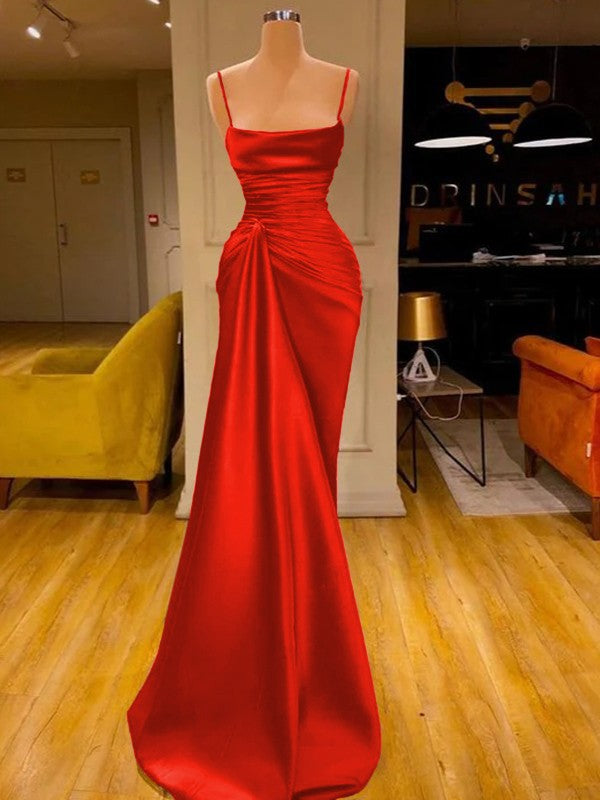 Sheath/Column Elastic Woven Satin Ruched Spaghetti Straps Sleeveless Floor-Length Prom Dress