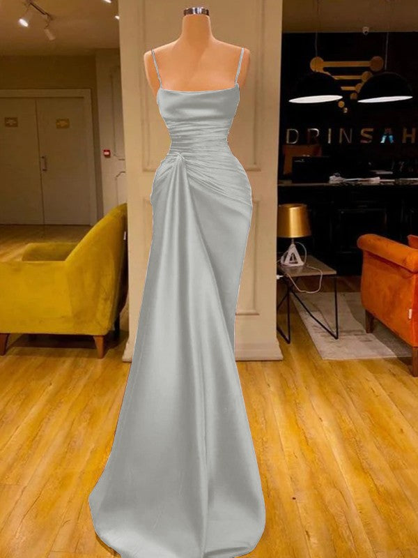 Sheath/Column Elastic Woven Satin Ruched Spaghetti Straps Sleeveless Floor-Length Prom Dress