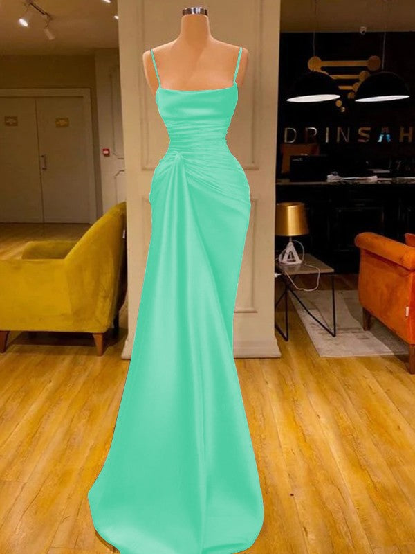 Sheath/Column Elastic Woven Satin Ruched Spaghetti Straps Sleeveless Floor-Length Prom Dress