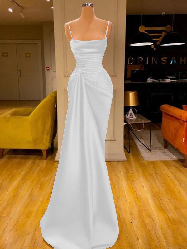 Sheath/Column Elastic Woven Satin Ruched Spaghetti Straps Sleeveless Floor-Length Prom Dress