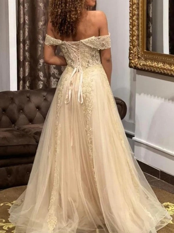 A-Line/Princess Tulle Applique Off-the-Shoulder Sleeveless Floor-Length Prom Dress