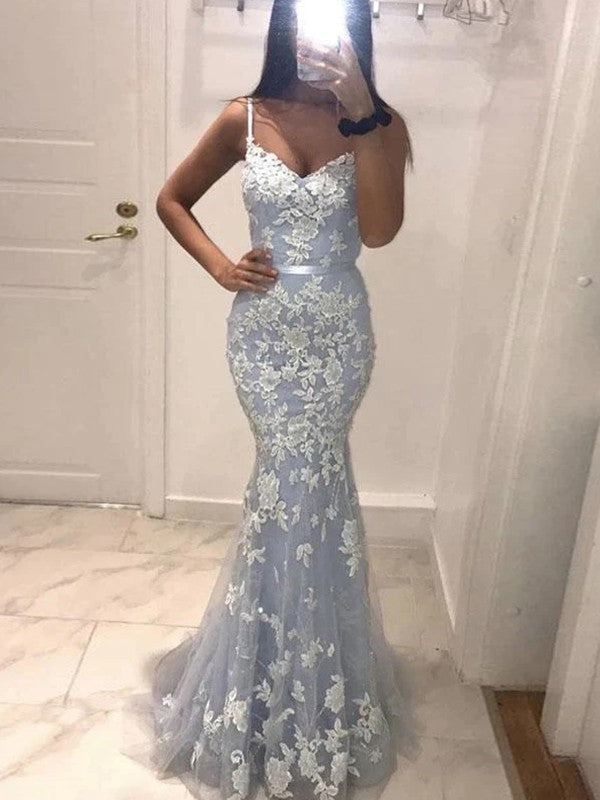 Trumpet/Mermaid Tulle Applique V-neck Sleeveless Sweep/Brush Train Prom Dress