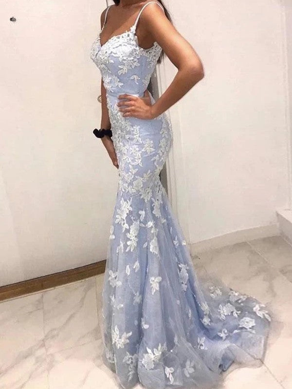 Trumpet/Mermaid Tulle Applique V-neck Sleeveless Sweep/Brush Train Prom Dress