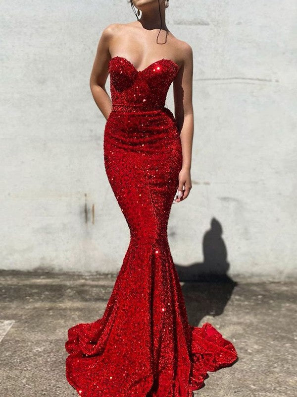 Trumpet/Mermaid Velvet Sequins Sweetheart Sleeveless Court Train Prom Dress