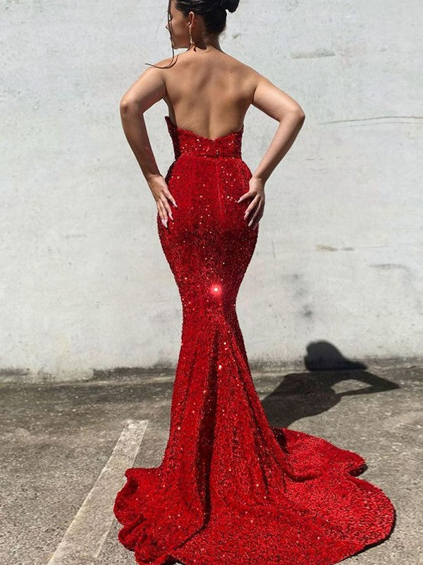 Trumpet/Mermaid Velvet Sequins Sweetheart Sleeveless Court Train Prom Dress