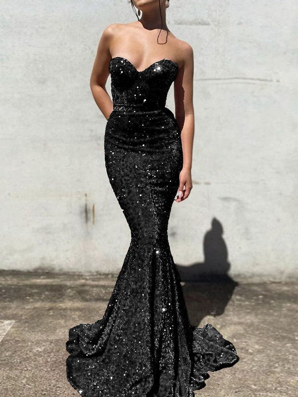 Trumpet/Mermaid Velvet Sequins Sweetheart Sleeveless Court Train Prom Dress