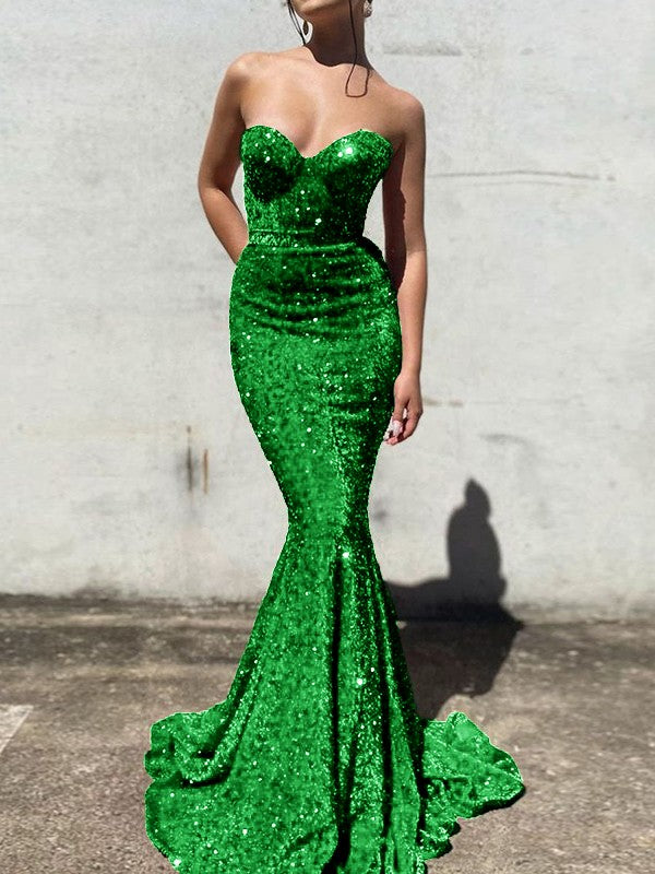 Trumpet/Mermaid Velvet Sequins Sweetheart Sleeveless Court Train Prom Dress