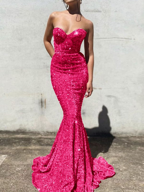 Trumpet/Mermaid Velvet Sequins Sweetheart Sleeveless Court Train Prom Dress