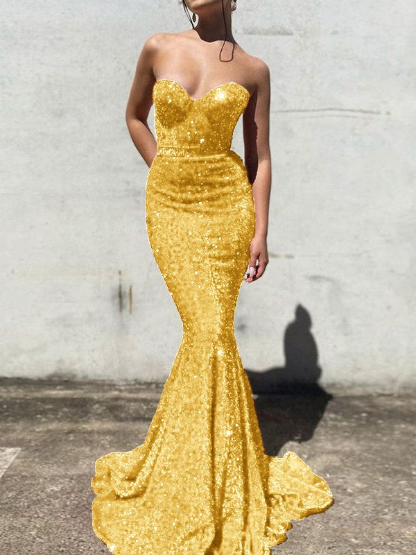 Trumpet/Mermaid Velvet Sequins Sweetheart Sleeveless Court Train Prom Dress