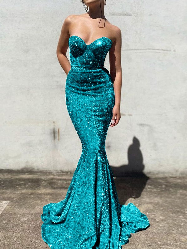 Trumpet/Mermaid Velvet Sequins Sweetheart Sleeveless Court Train Prom Dress