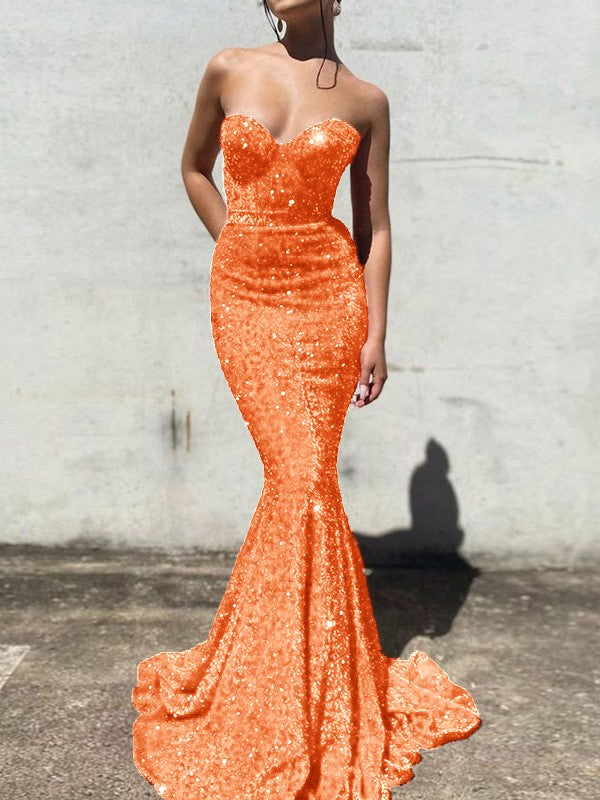Trumpet/Mermaid Velvet Sequins Sweetheart Sleeveless Court Train Prom Dress