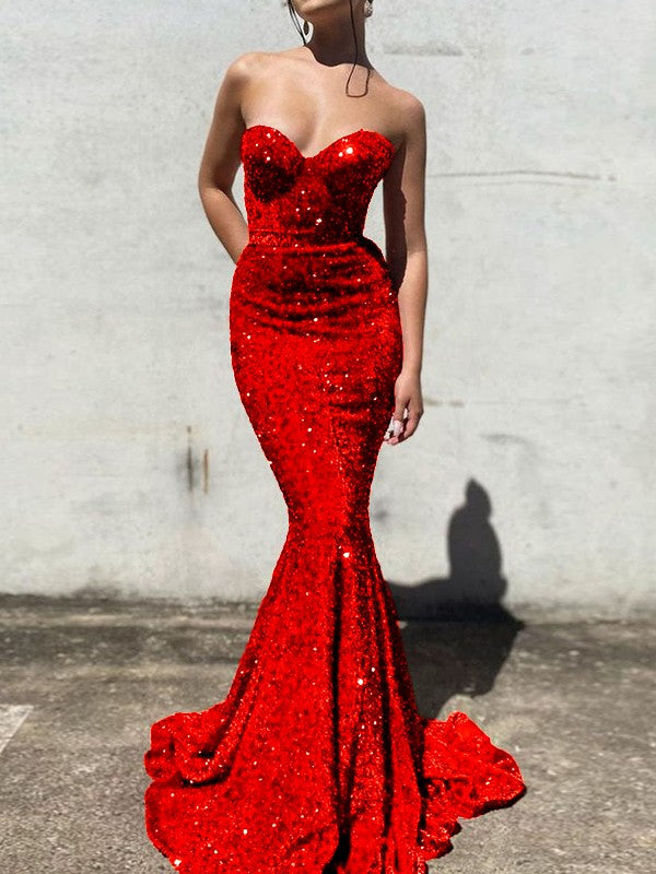 Trumpet/Mermaid Velvet Sequins Sweetheart Sleeveless Court Train Prom Dress