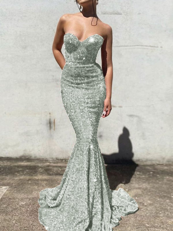 Trumpet/Mermaid Velvet Sequins Sweetheart Sleeveless Court Train Prom Dress
