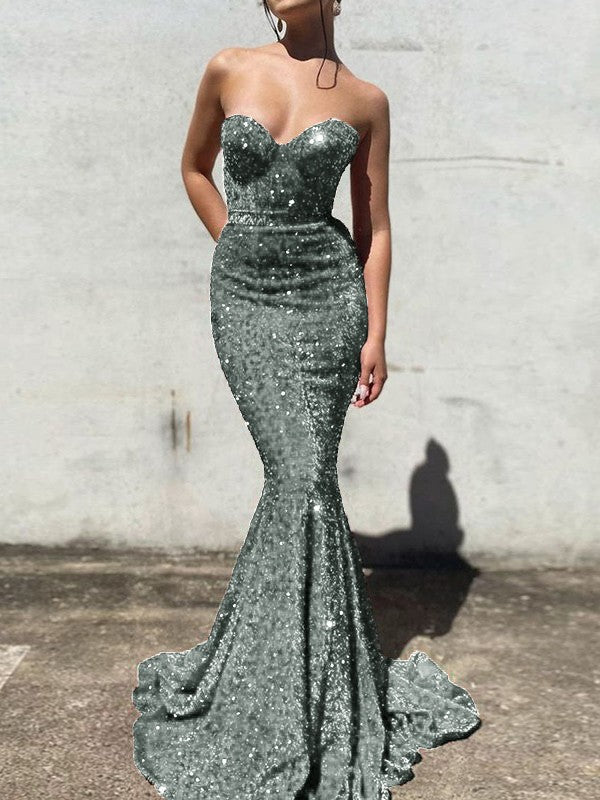 Trumpet/Mermaid Velvet Sequins Sweetheart Sleeveless Court Train Prom Dress