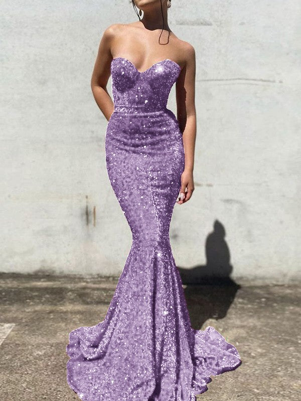 Trumpet/Mermaid Velvet Sequins Sweetheart Sleeveless Court Train Prom Dress