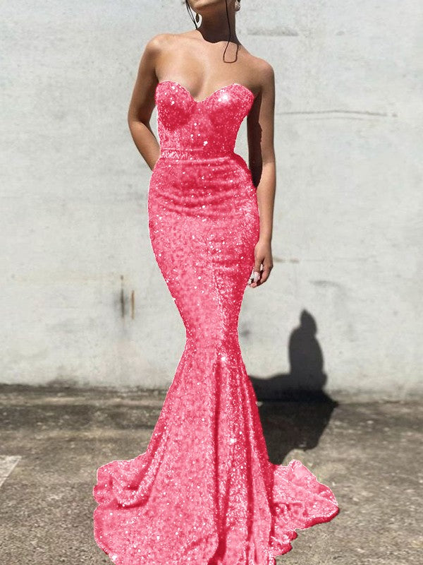Trumpet/Mermaid Velvet Sequins Sweetheart Sleeveless Court Train Prom Dress
