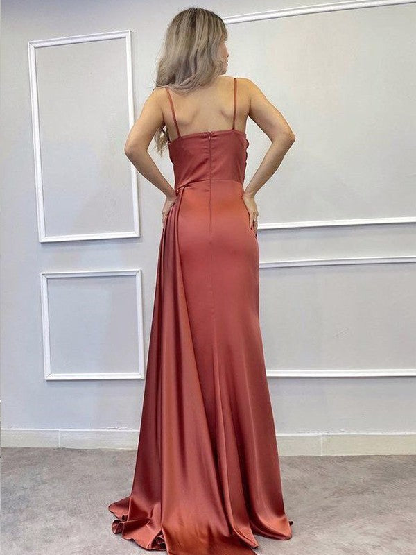 Sheath/Column Charmeuse Ruched V-neck Sleeveless Sweep/Brush Train Prom Dress