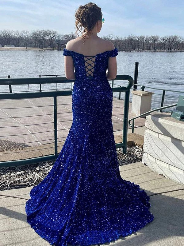 Sheath/Column Velvet Sequins Off-the-Shoulder Sleeveless Sweep/Brush Train Prom Dress